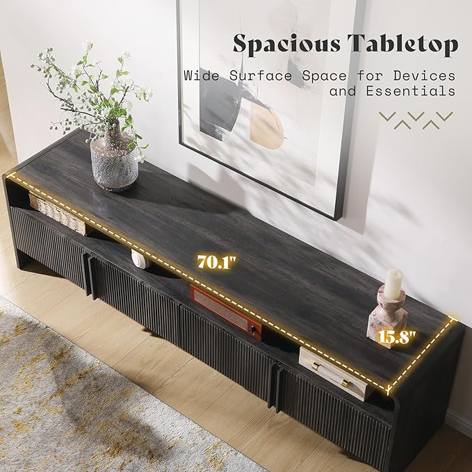 AMERLIFE 70" Modern TV Stand for TVs up to 80", Fluted Wood Entertainment Center