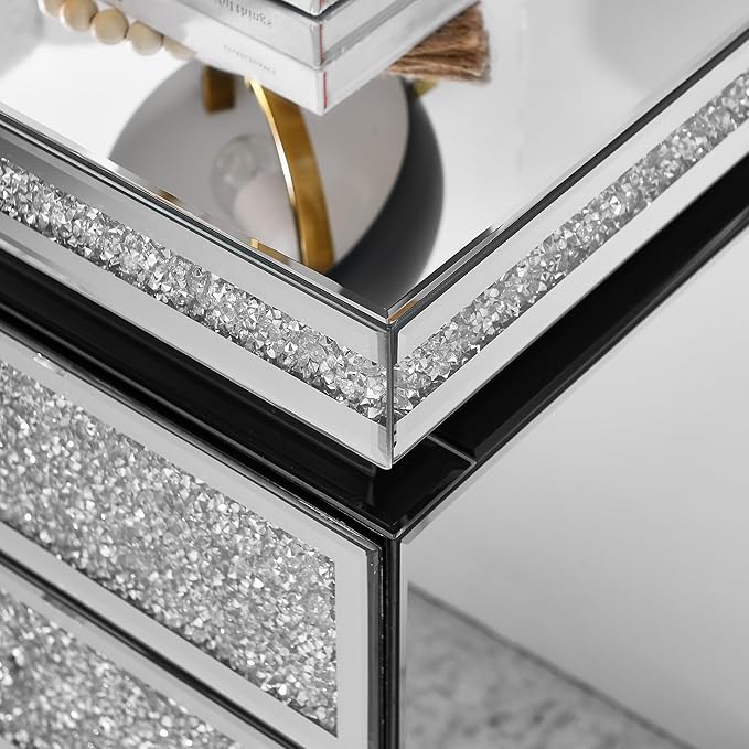 Mirrored Nightstand with 3 Drawers, Mirror End Table, Modern Bedside Table