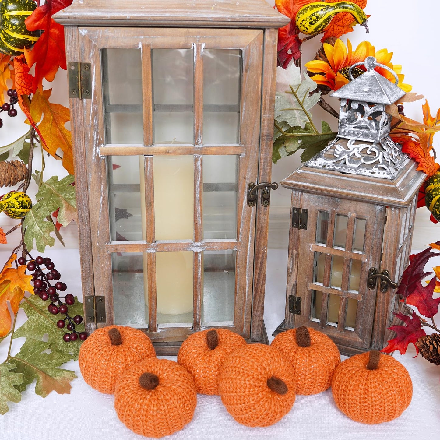 Winlyn Set of 6 Faux Fall Orange Crochet Pumpkins - Small Knit Foam Pumpkins for Rustic Farmhouse Decor, Harvest, Thanksgiving, Halloween, Autumn Table, Bowl, Tiered Tray, Mantel