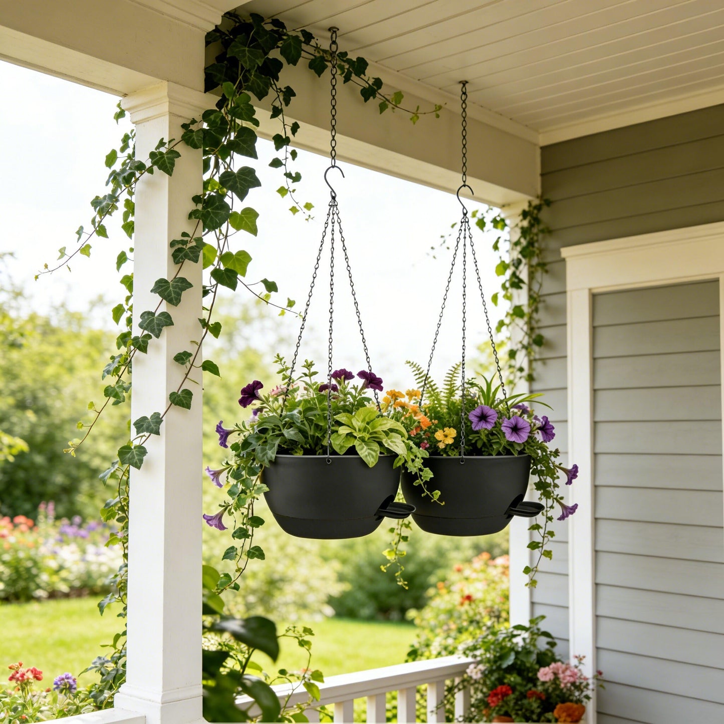 CNLBO 12 Inch Self Watering Hanging Planters 2 Pack, Indoor Outdoor Hanging Pots for Plants with Drainage Holes & Saucers, Black Plastic Hanging Baskets for Kitchen Balcony Garden