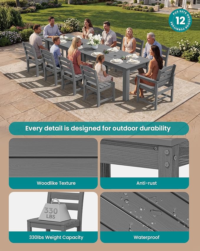 SERWALL HDPE Dining Set for 10 – 2 Tables, 8 Armless + 2 Armchairs. Includes 10