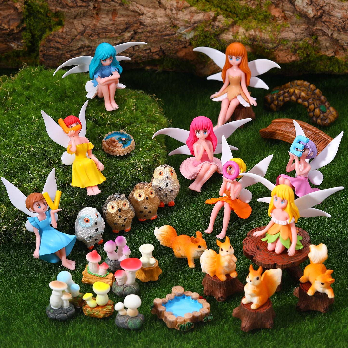 GGSTDDUP 33 Pcs Fairy Garden Accessories Miniatures Garden Kit with Resin Fairies, Mushroom House & Bridge Miniature Accessories for Terrarium, Dollhouse & Outdoor Decor