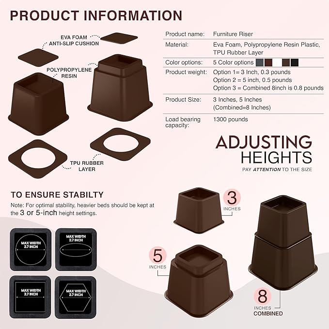 Utopia Bedding Bed Riser, 3 & 5 Inches Adjustable Furniture Risers