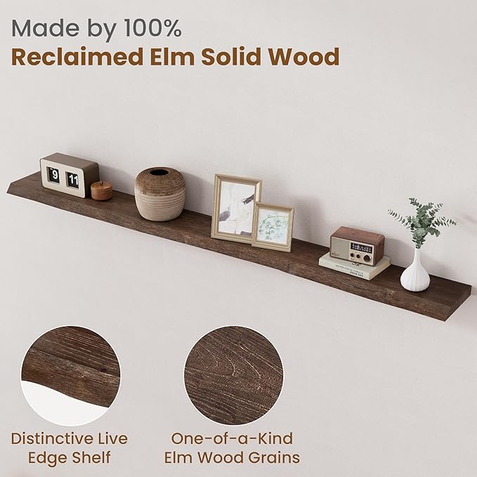 Floating Shelves for Wall Decor, Rustic Solid Elm Wood Live Edge Floating