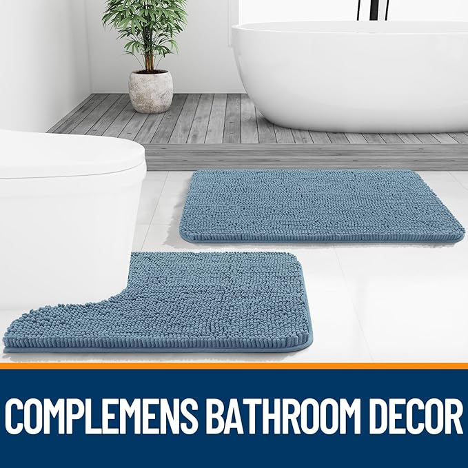 OLANLY Bathroom Runner Rugs 44x24, Soft Absorbent Chenille Bath Rugs, Rubber Backing Quick Dry, Machine Washable Long Bath Mats for Bathroom Floor, Tub and Shower, Home Decor Accessories, Airy Blue