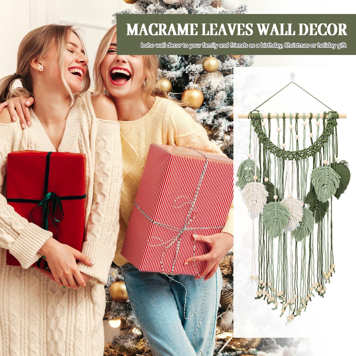 Chihutown Macrame Wall Hanging, Cotton Macrame Wall Decor, Boho Tapestry for Farmhouse, Coffee Shop and Office, Handmade Sage Green Leaf Hanging Tapestry, Living room Decor and Accessories (Green)