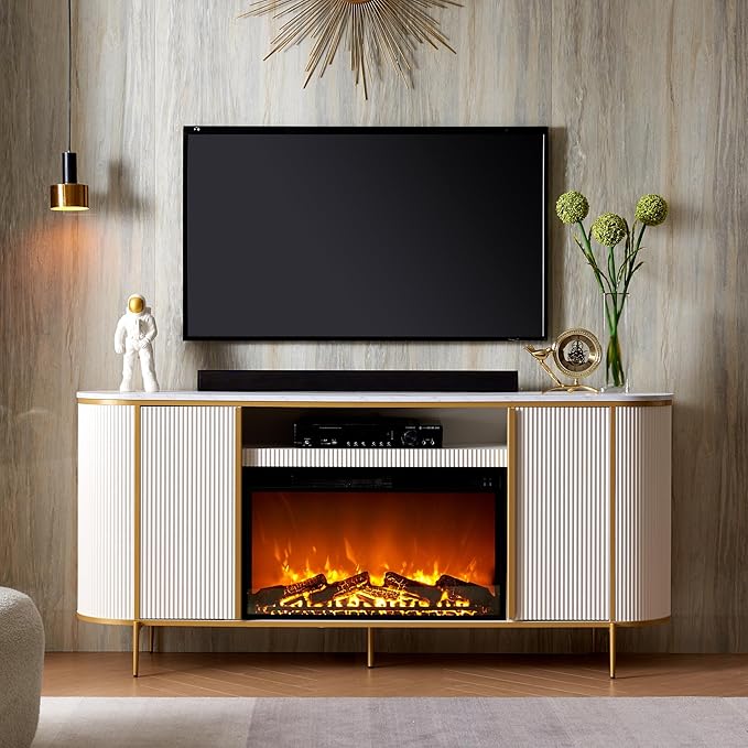 OKD Luxury 70" Fluted Fireplace TV Stand, Modern Chic Entertainment Center
