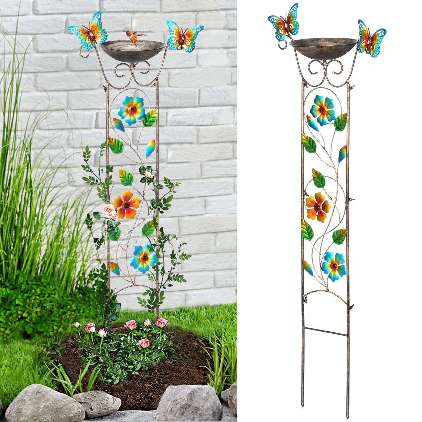 Garden Trellis Bird Bath Outdoor, 43.5 Inch Antique Iron Garden Plant Trellis Decorative with Floral-Butterflies and Detachable Drinking Basin Bowl, Free Standing BirdBath Birdfeeder Station