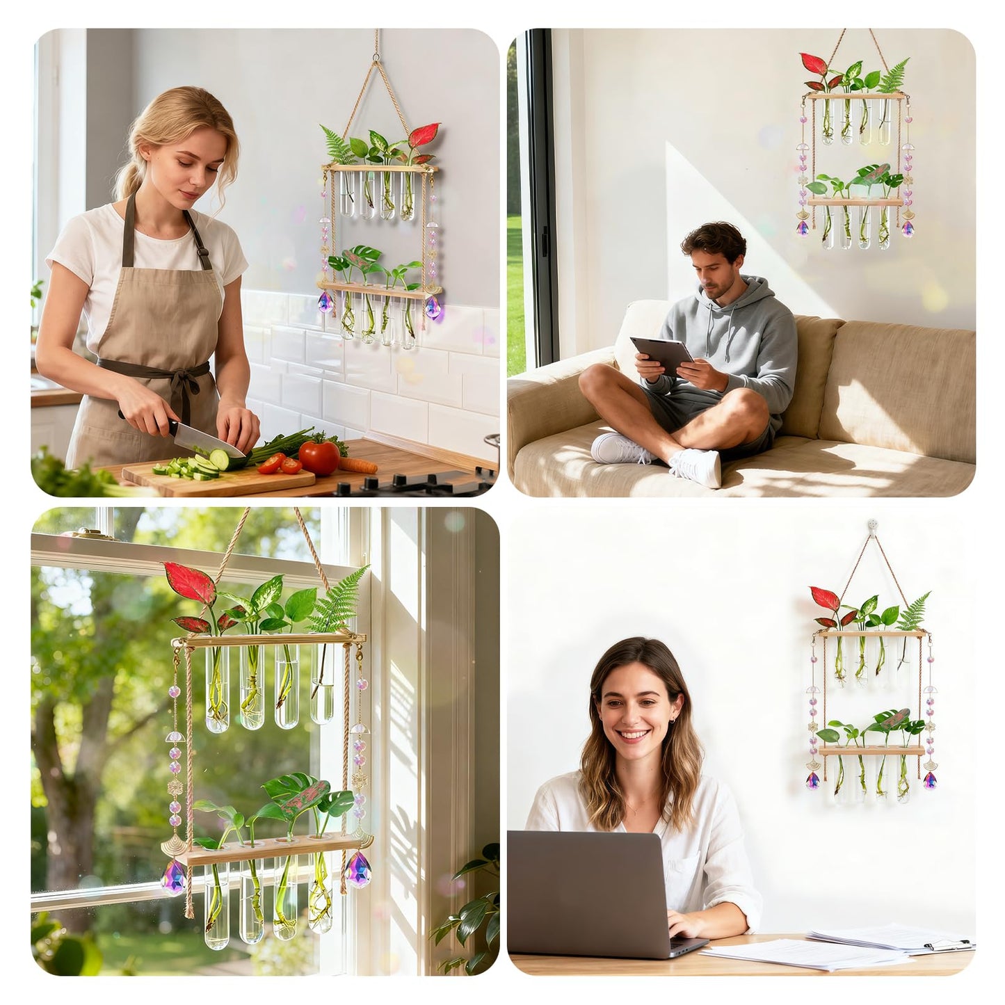 Hanging Propagation Stations with Crystal Suncatchers Glass Wall Planters for Indoor Plants Hydroponics, 2 Tiered Wooden Stand Mini Test Tube Flower Vase Glass Planter Stations for Home Decor (Beige)