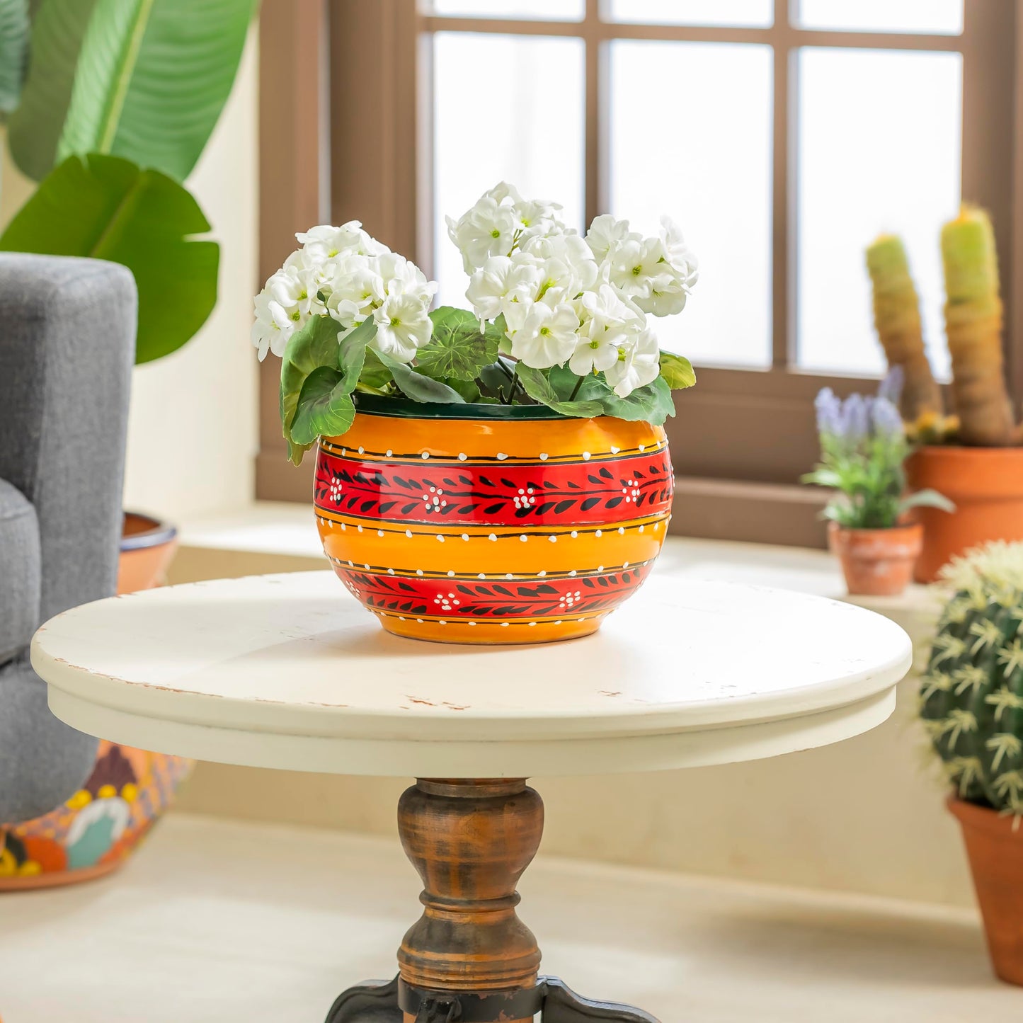 Evergreen Garden Talavera Mexican Pottery Ceramic 9 in. Stripped Orange Baul | Flower Pot Plant Succulent | Indoor Outdoor