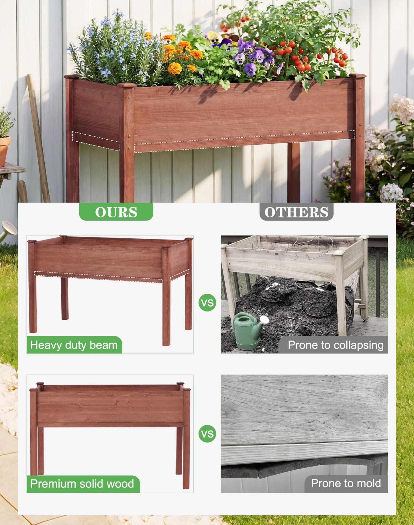 Raised Garden Bed with Legs, 48x24x30'', Outdoor Wood Elevated Planter Box, Thick Legs, w/Liner