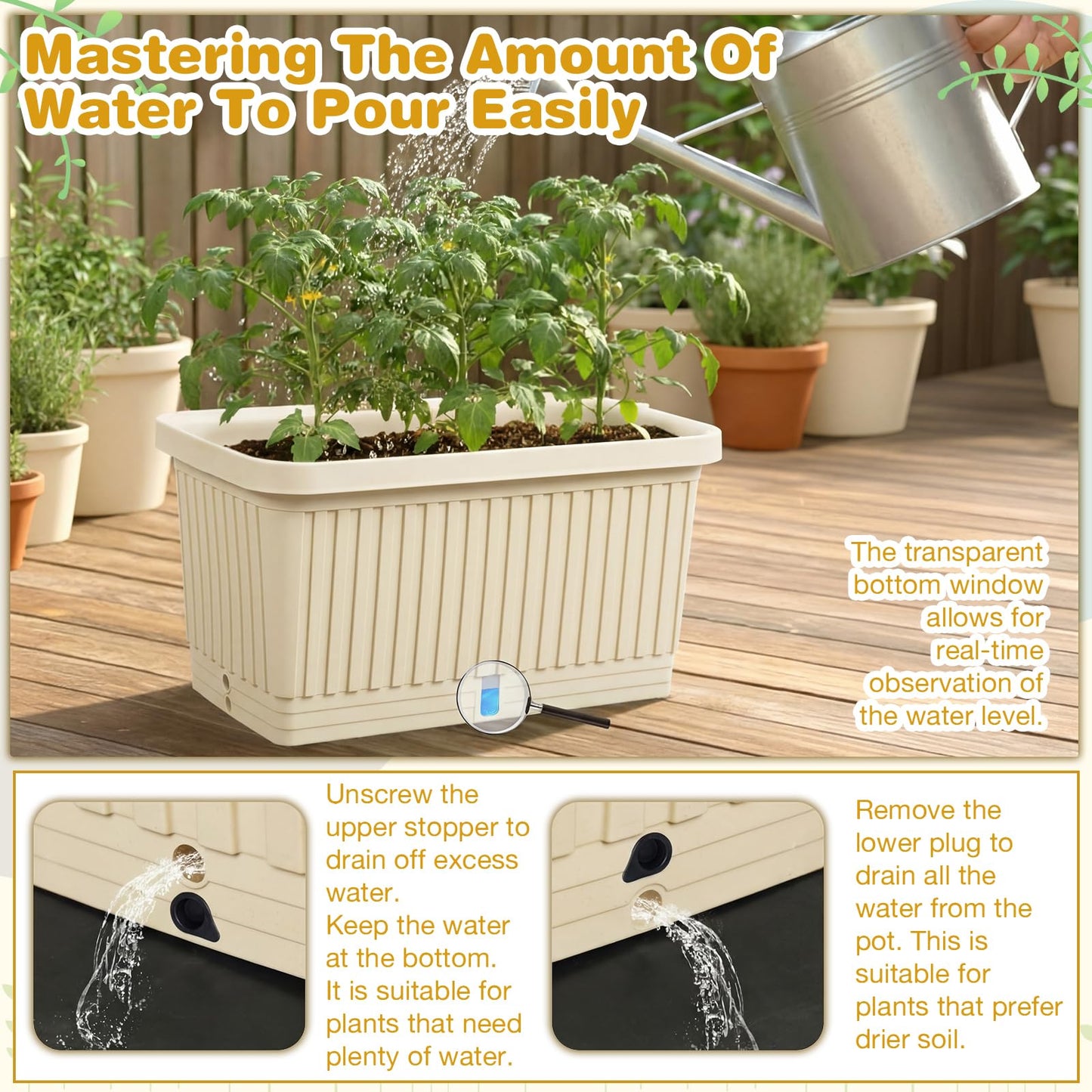RimCereal 3 Pcs Large Planter Boxes Deep Rectangular Planter Boxes Outdoor Lightweight Plastic Planting Flower Pot with Drainage Holes Plant Pot for Patio, Courtyard, Lawn, Outdoor(Beige,20 Inches)