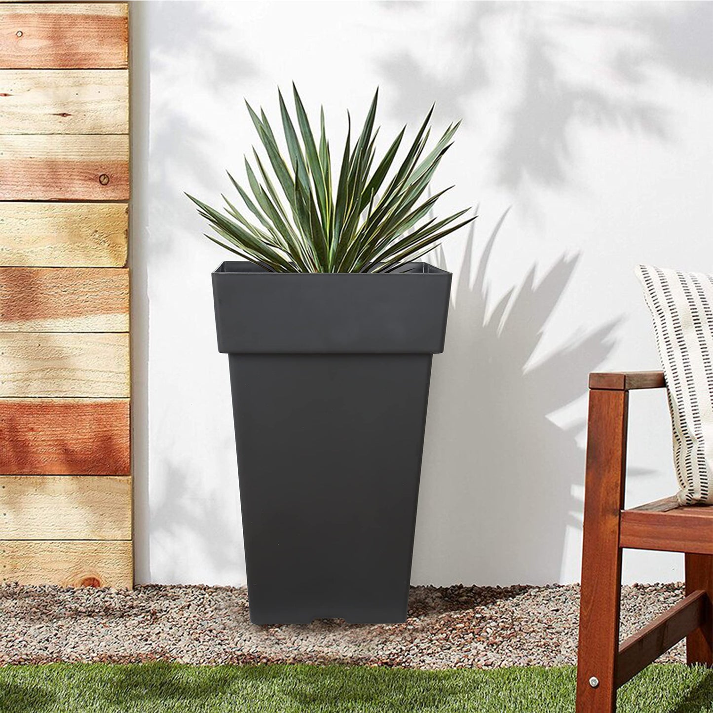 Tall Planters for Outdoor Plants, 20 Inch Movable Drainage Large Outdoor Planter Indoor Planters, Set of 2 Plastic Planters for Front Porch Door Garden Balcony Deck, Dark Gray 20"