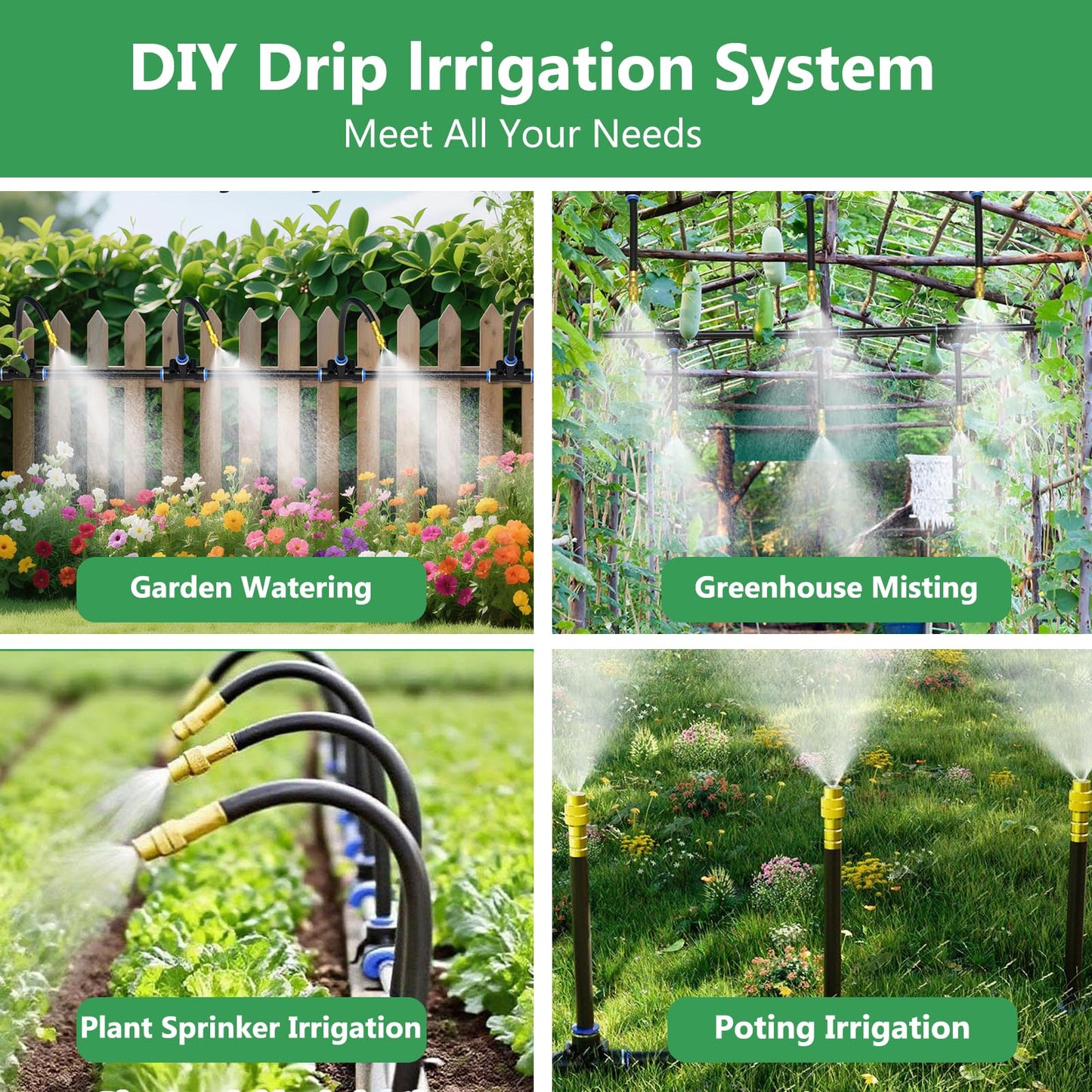 65FT 5/16 Inch Drip Irrigation System for Garden, 2025-Upgrade High-Flow Garden Watering Kit with 20 Adjustable Copper Nozzles, Even Water Distribution for Lawn & Greenhouse