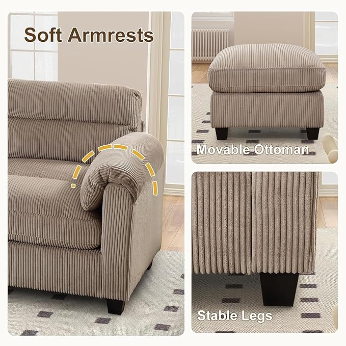 HAOMARKETS Corduroy 3-Piece Sofa Set, Upholstered Ottoman and Accent Chair Sofa