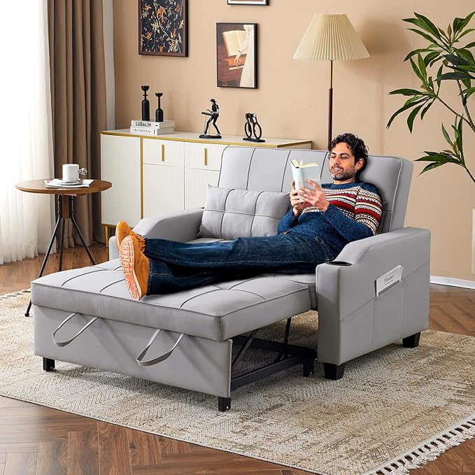 VINGLI Convertible Loveseat Sleeper Sofa, Light Grey Faux Leather Futon Sofa