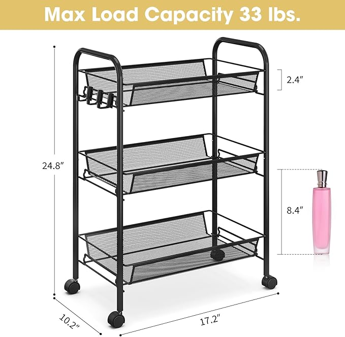 TOOLF 3-Tier Metal Rolling Cart, Mesh Wire Easy Assemble Utility Cart, Storage