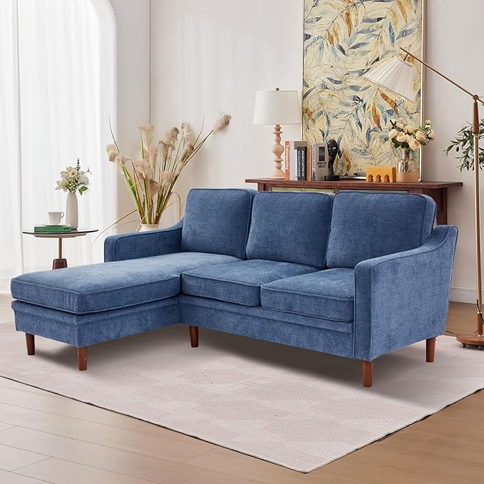 Kingfun 88" L-Shape Sofa, Chenille Sectional Couch, Mid Century Modern Couches