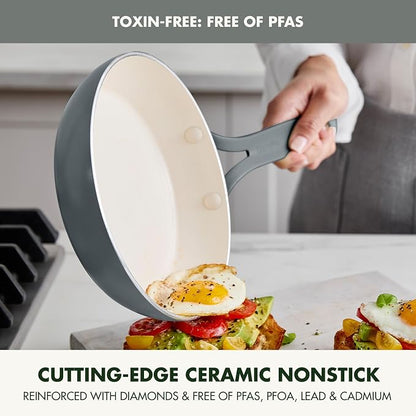 GreenPan Nova 10-Piece Nonstick Cookware Set, PFAS-Free Ceramic Pots & Pans with Silicone Cooking Utensils, Durable Fast Heating, Induction Ready, Oven Safe to 600°F, Dishwasher Safe, Slate Gray