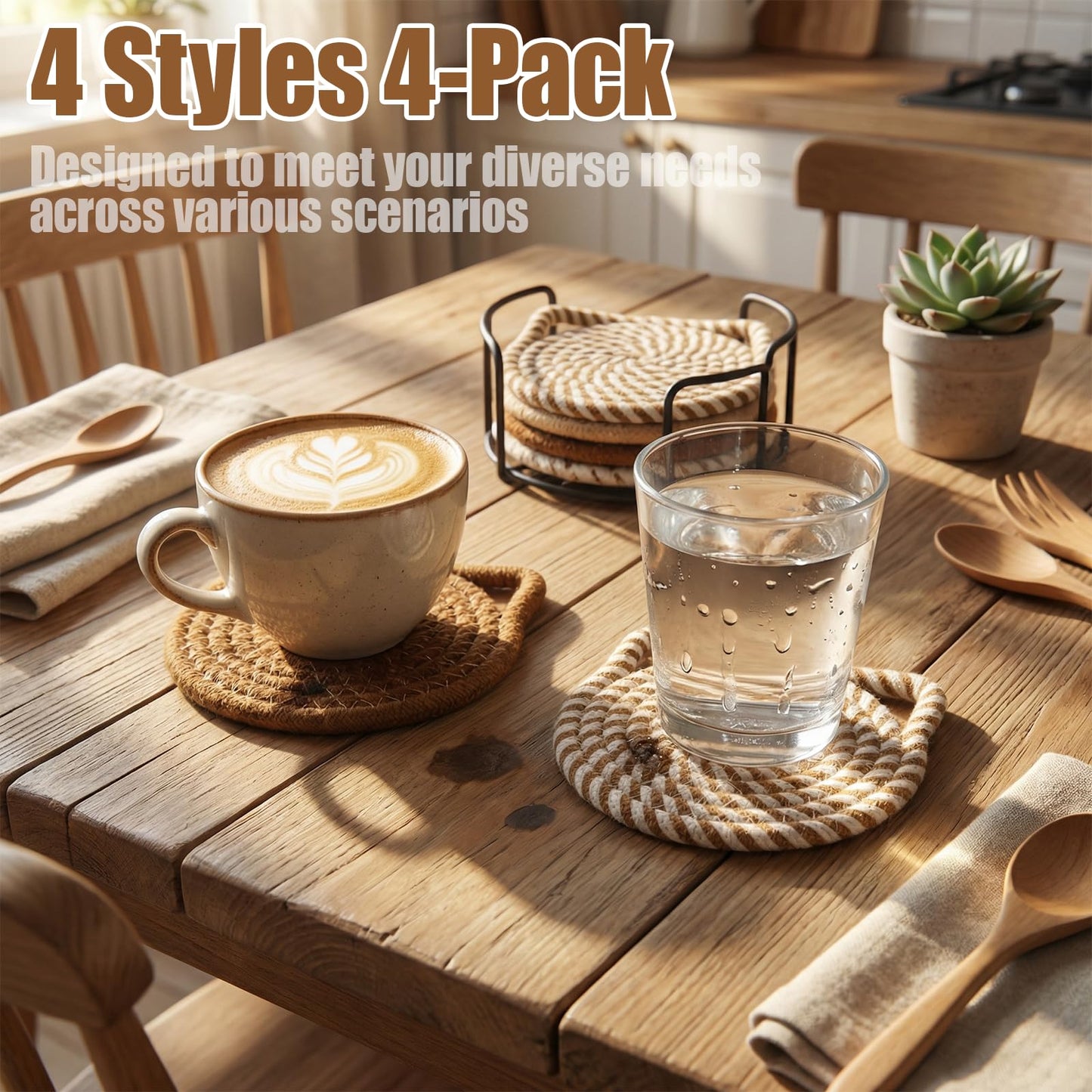 shuielai 4 Pack Cat Ear Cotton Woven Absorbent Coasters with Metal Holder - Tabletop Protection Cup Coasters for Home Office Decor