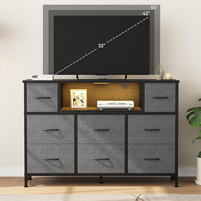 DUMOS TV Stand Dresser with 8 Fabric Drawers and Open Shelves, LED