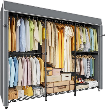 ULIFHOME E14C Pro Heavy Duty Closet Organizer System，Freestanding Clothing Racks for Hanging Clothes，Adjustable Garment Rack 69" W × 16" D × 77" H Hold 960 lbs，Black Rack with Grey Dustproof Cover