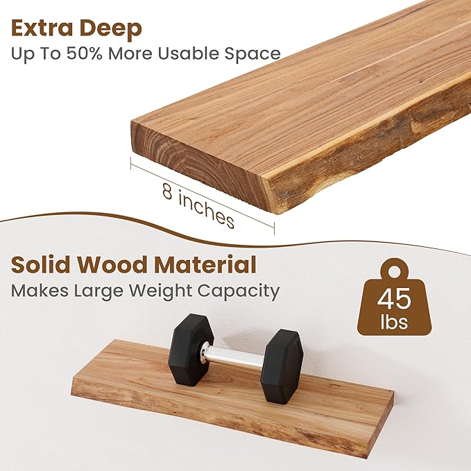 Floating Shelves for Wall Decor, Rustic Solid Elm Wood Live Edge Floating
