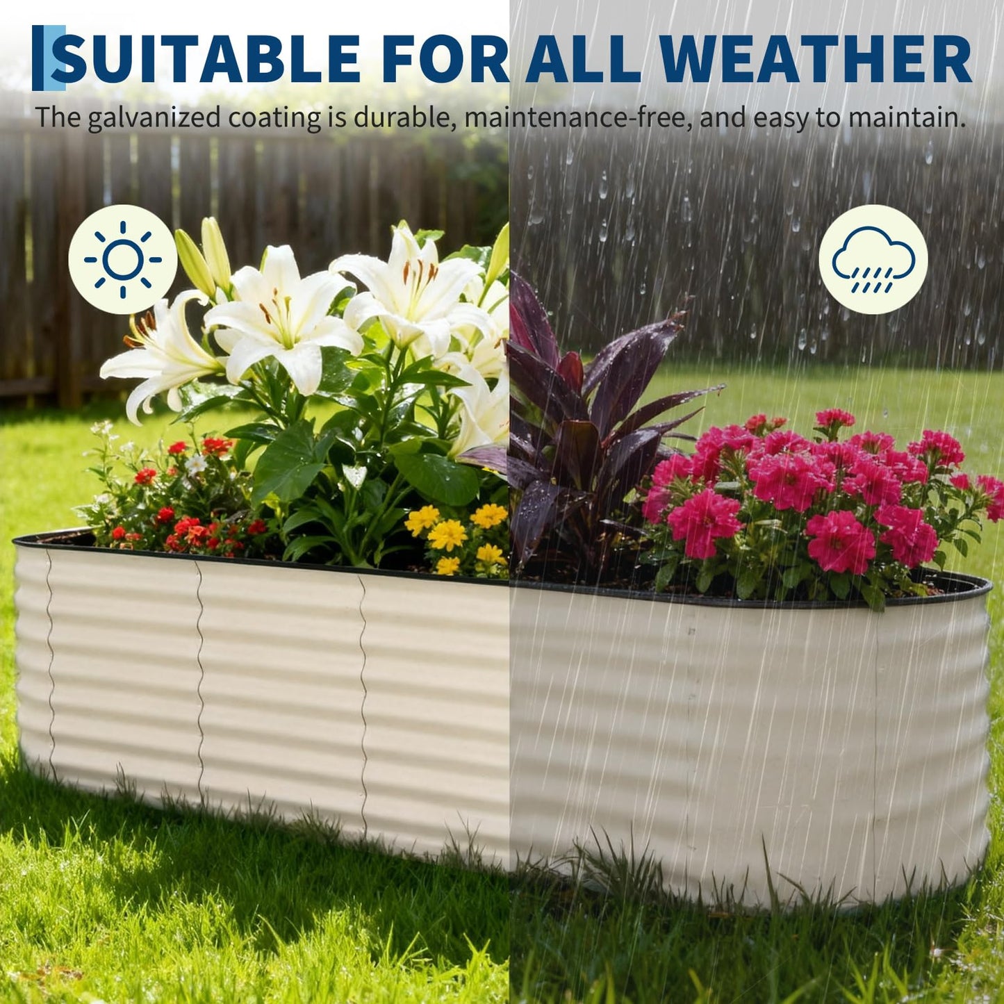 Garvee 2 Pack 8x2x1.5ft Galvanized Raised Garden Bed Kit, Oval Metal Planter Boxes with Anti-Cut Safety Edges, Rust-Resistant Deep Root Planters for Outdoor Vegetables, Flowers, Herbs, Beige