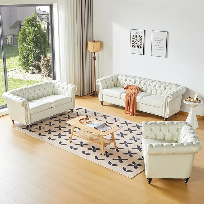ORRD 2 Pieces Living Room Set, Chesterfield Faux Leather Sofa Loveseat Couch
