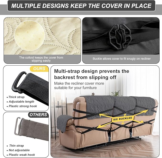 100% Waterproof Recliner Sofa Covers 3 Seater, 6-Piece Split Non-Slip Reclining
