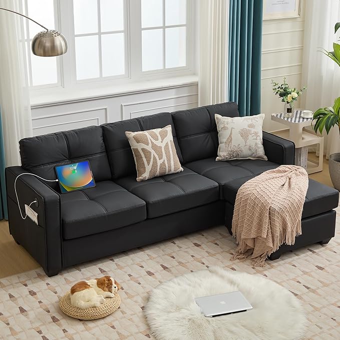 TYBOATLE Black Sectional Couches w/Side Pockets