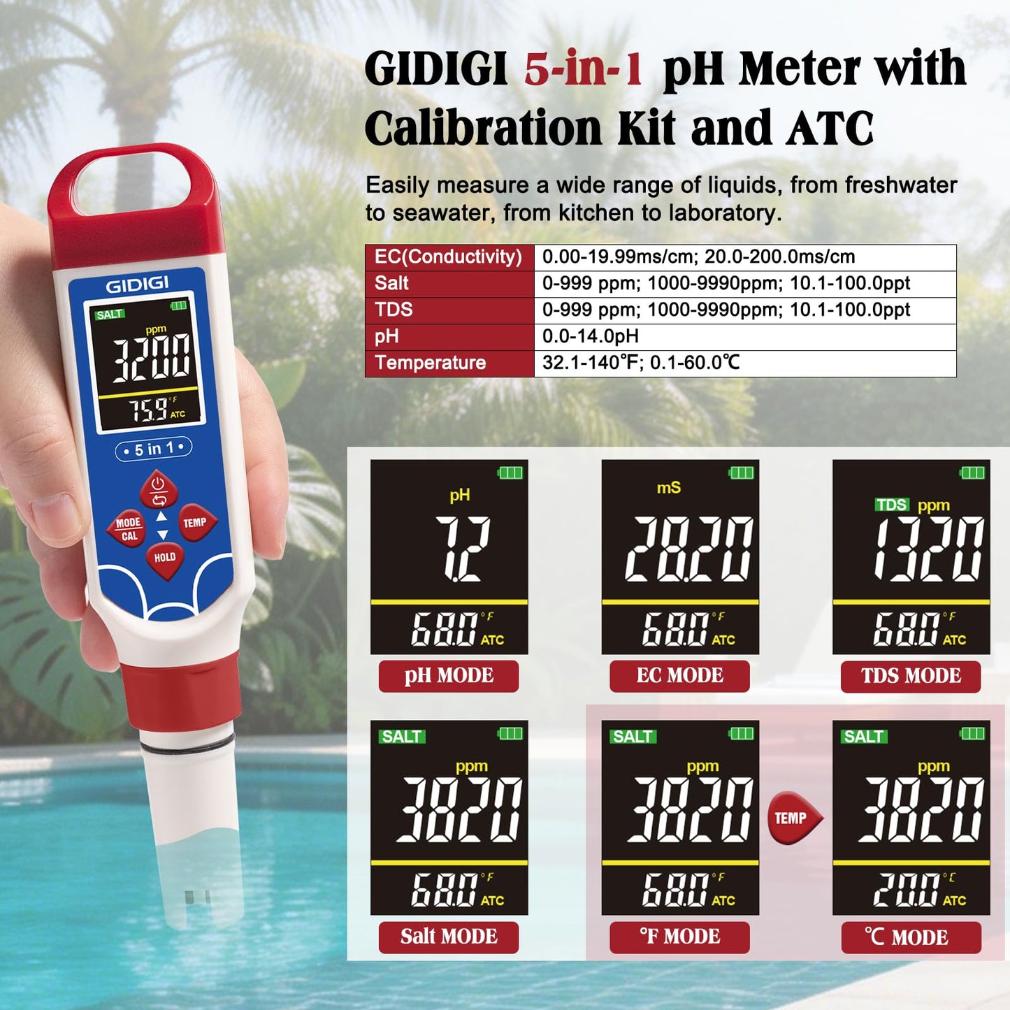 GIDIGI 5 in 1 Digital pH Meter TDS EC Temp. Salinity Tester, Update Color Screen Pool Salinity Meter with Calibration Kit, Hydroponic pH Reader with Reset Function for Aquarium Reef Tank Cooking water