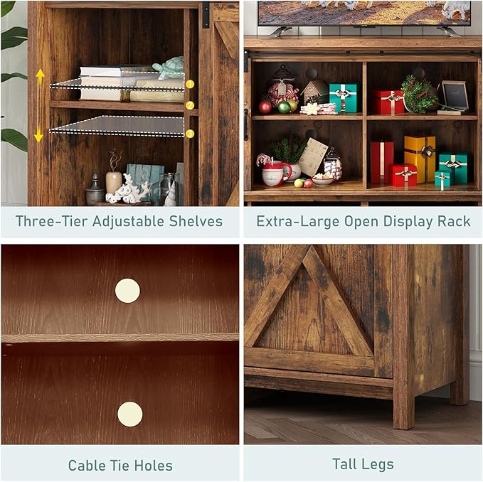 70" Farmhouse TV Stands for 70 75 80inch TV w/Adjustable Shelves, Sliding Barn