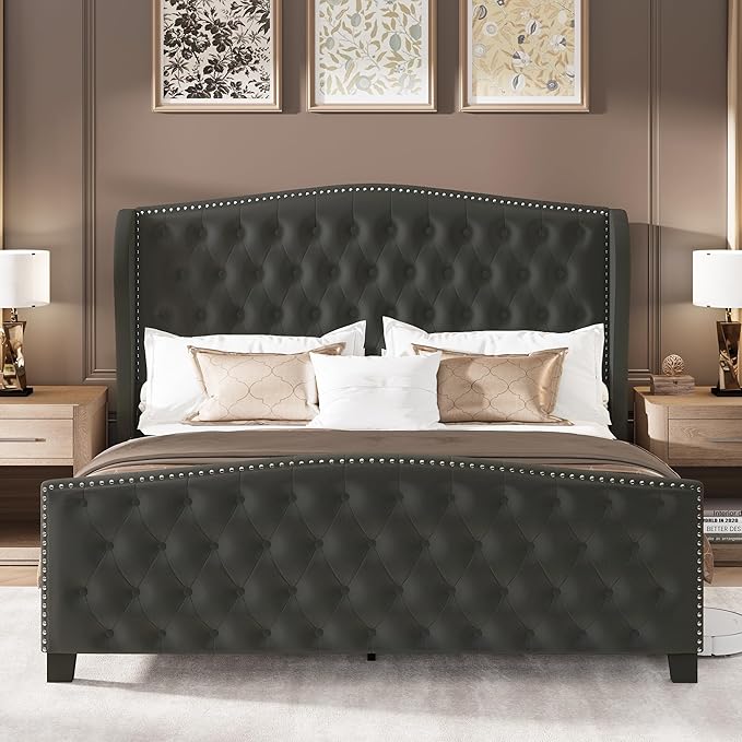 LARMACE King Size Bed Frame Velvet Upholstered Platform Bed