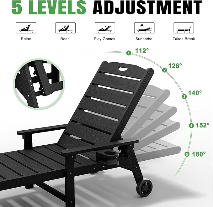 Outdoor Lounge Chair with 5-Position Adjustable, Outside Lounge Chair with Cup