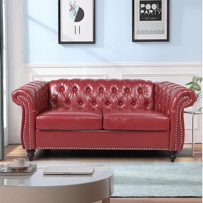 LEVNARY Leather Sofa, Chesterfield Tufted Upholstered 2 Seater Couch, Modern