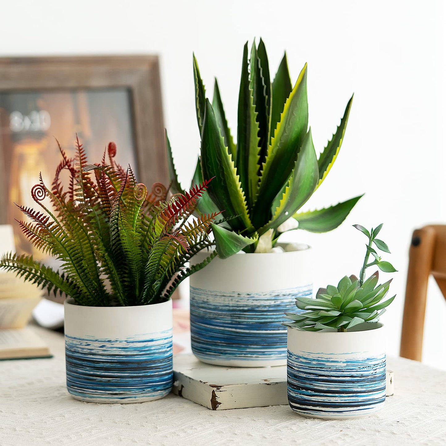 KingZiYu White Ceramic Plant Pots 5.1+4.3+3.7 inch Hand-Painted Small Flower Pot Set of 3 Planters with Drainage Hole and Plug Used for Indoor Plants and Other Outdoor Garden-Blue