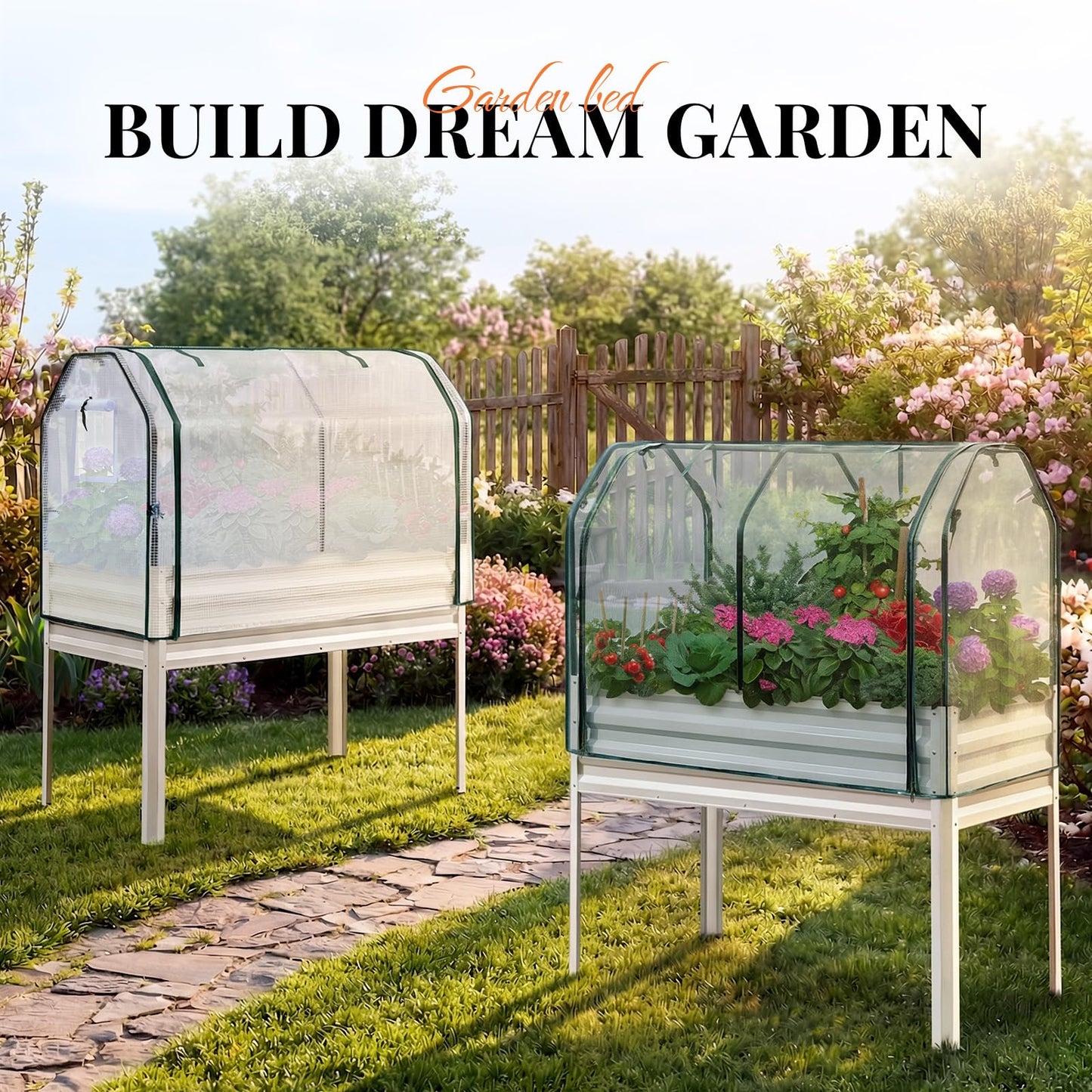 KING BIRD Raised Garden Bed with Cover & Netting Galvanized Elevated Large Planter Box with Legs for Backyard, Patio, Balcony, 400lb Capacity, Beige, 48×24×56 in