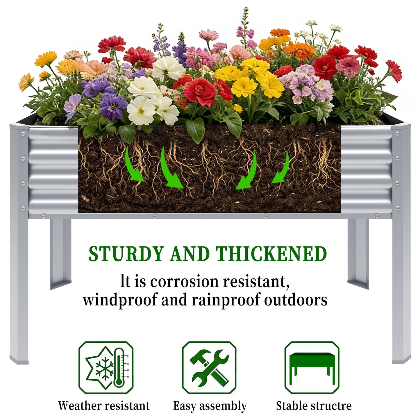 Chuangshuo Guard 2Pcs Galvanized Raised Garden Bed with Legs, 48×24×32in Large Metal Elevated Raised Planter Box with Drainage Holes for Backyard, Patio, Balcony, 400lb Capacity,Sliver