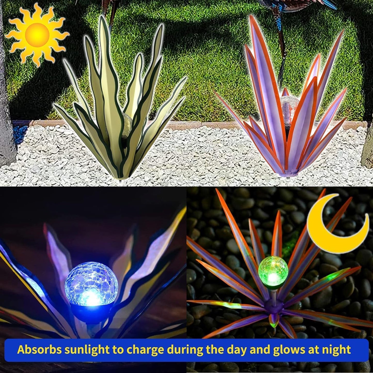 LCJECV Metal Agave Plant Garden Art, 2 Pack Tequila Rustic Sculpture, Rustic Metal Agave Plants Garden Lawn Home Ornaments, for Yard Stakes, Garden Figurines, Outdoor Patio (2 PCS Purple with Light)