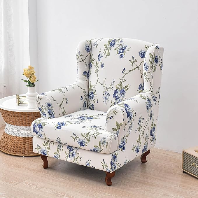 HAOYONG Wing Chair Slipcovers Elastic Printed Wingback Chair Covers 2 Pieces