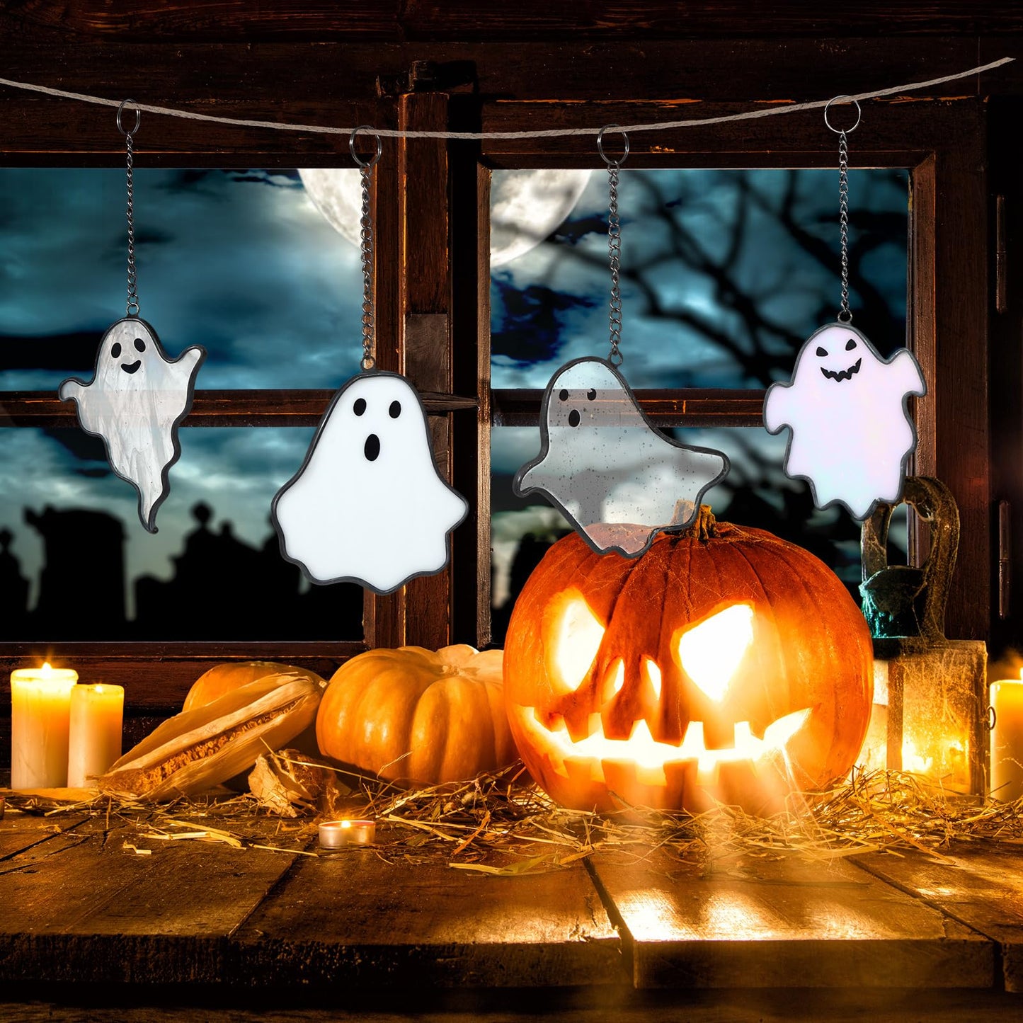 Yungyan 4 Pcs Halloween Ghost Stained Glass Suncatcher Hand Painted Window Hangings Suncatcher Halloween Goth Decoration for Home, Office, Kitchen, Living Room, Wall