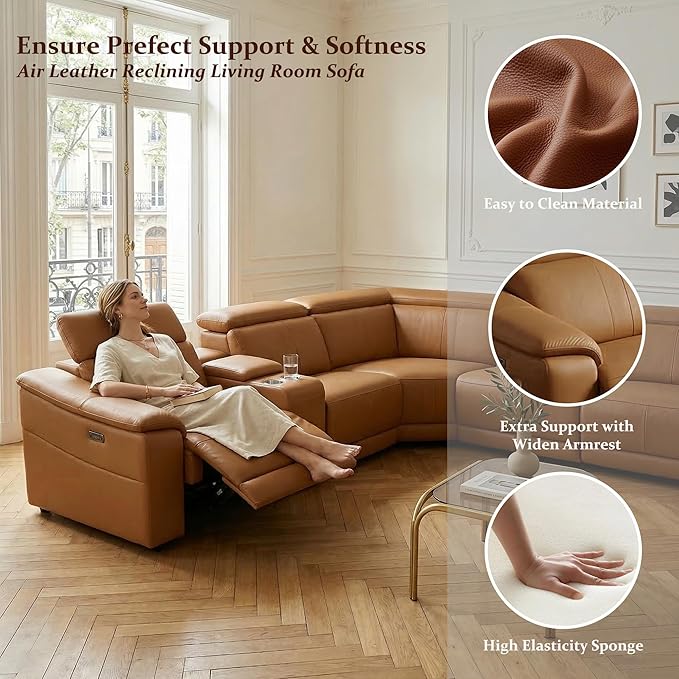 Power Recliner Sectional Sofa, L-Shaped Living Room Furniture Set, Light Brown