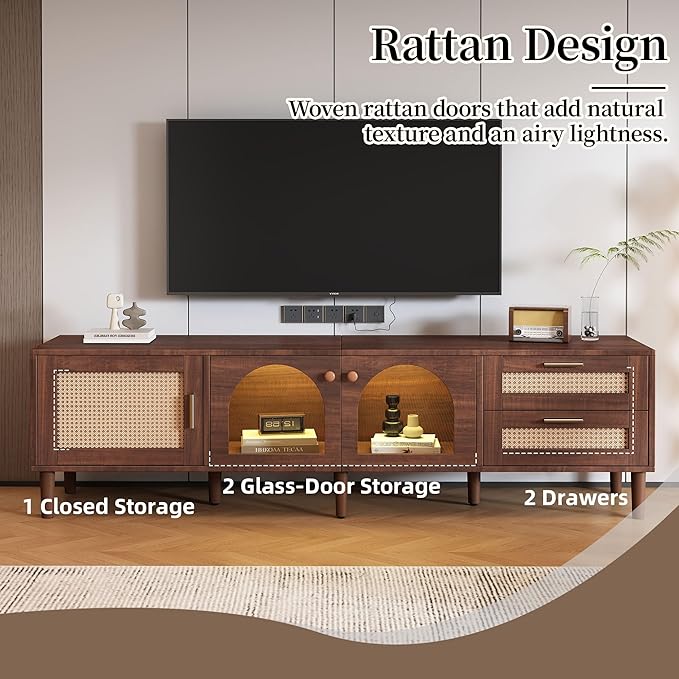 Merax Rattan TV Stand with LED Lights, Solid Wood Feet, Living Room, Bedroom