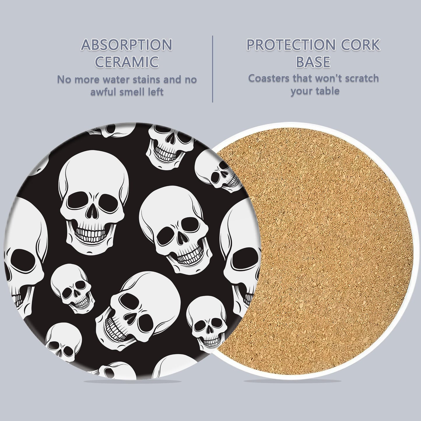 Coaster for Drinks Set of 6, Skeleton Skull Absorbing Round Ceramic Stone Coaster with Cork Base,Tabletop Protection Mat for Mugs and Cups,Coffee Table Wine Glass Home Bar 4 Inch