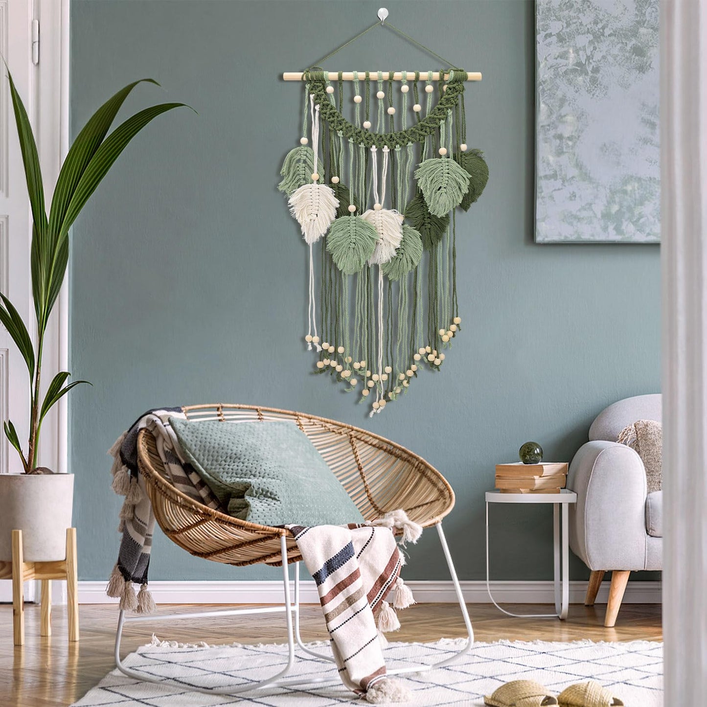 Chihutown Macrame Wall Hanging, Cotton Macrame Wall Decor, Boho Tapestry for Farmhouse, Coffee Shop and Office, Handmade Sage Green Leaf Hanging Tapestry, Living room Decor and Accessories (Green)
