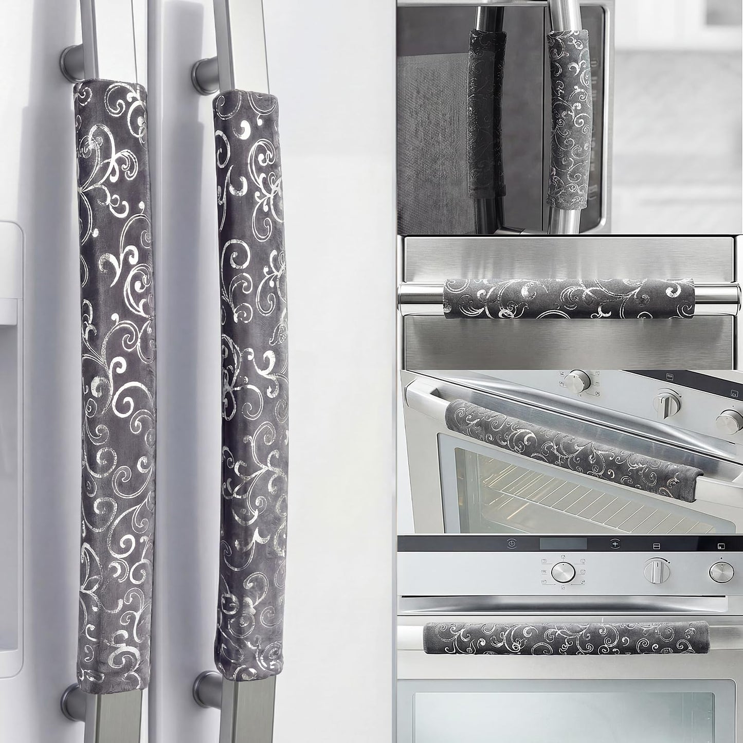 Volecy Refrigerator Handle Covers, Set of 6, Washable Velvet Appliance Door Handle Covers, Adjustable Handle Protectors, Kitchen Decor Keep Clean for Fridge Oven Stove Microwave Dishwasher(Gray Silve)