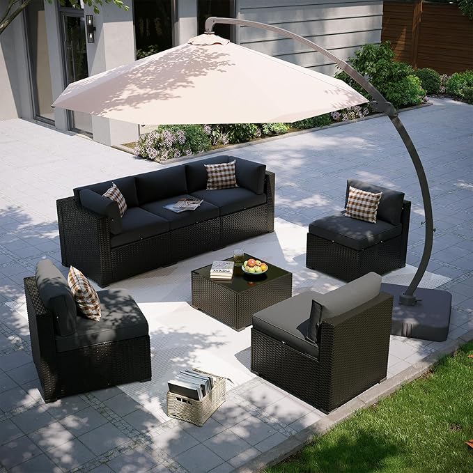 Aoxun Patio Furniture Set with Umbrella, 8 Piece Outdoor Sectional Sofas