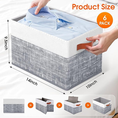 Fab totes Collapsible Storage Baskets for Shelves,14"x10", 6 Pack Foldable Fabric Storage Bins with Double Leather Handles, Large Baskets for Organizing Books, Clothes, White & Grey