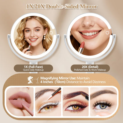 Makeup Mirror with Lights, Double Sided 1x/20x Magnifying Mirror with Light, Rechargeable 3 Color Lights and Adjustable Brightness, 360° Rotation Detachable Comes with Tweezer(Black)